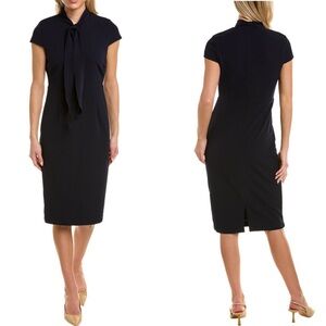 Alexia Admor Navy Carolina Sheath Dress Stretch Crepe Cap Sleeve Tie Neck Size S